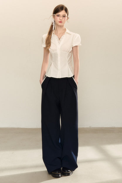 White Pleated V-Neck Short-Sleeve Shirt