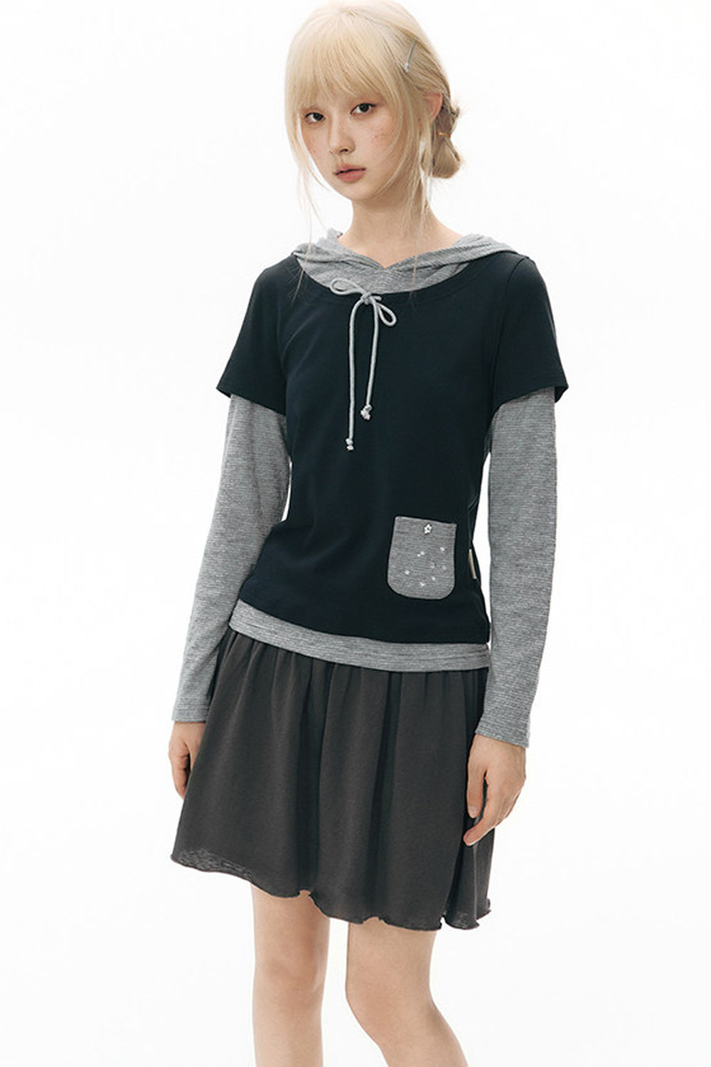 Layered-Look Hooded Long-Sleeve Top
