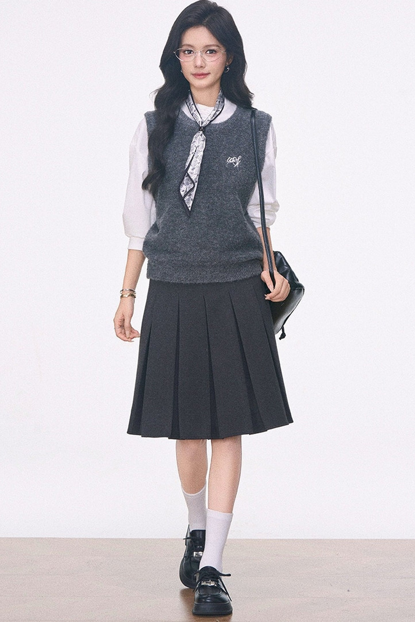Knitted Vest Shirt and Skirt 3-Piece Set-Up