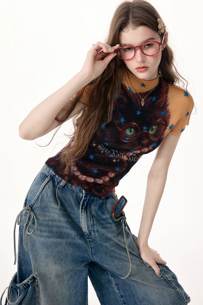 Yellow Star Cat Print Short Sleeve Top