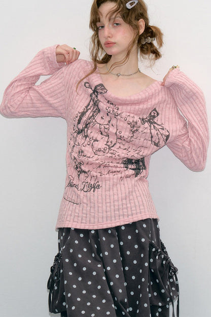Blusa in maglia con graffiti di conigli