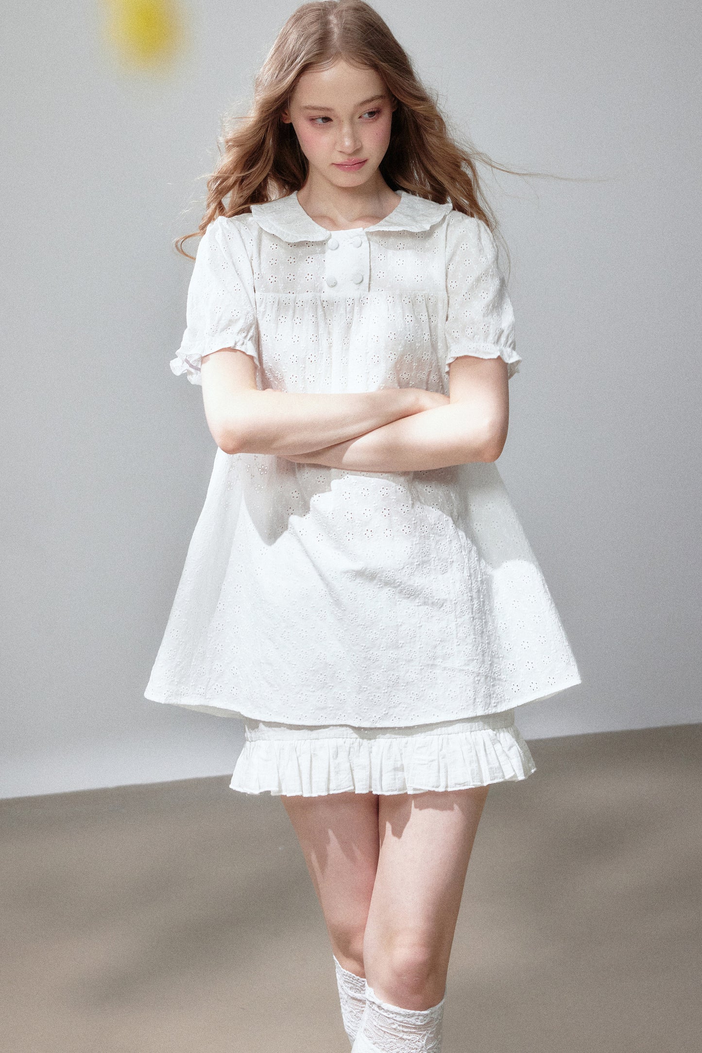 Short Sleeve Hollow Out Doll Collar Top and Skirt Set-Up