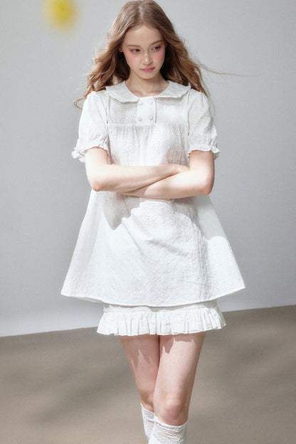 Short Sleeve Hollow Out Doll Collar Top and Skirt Set-Up