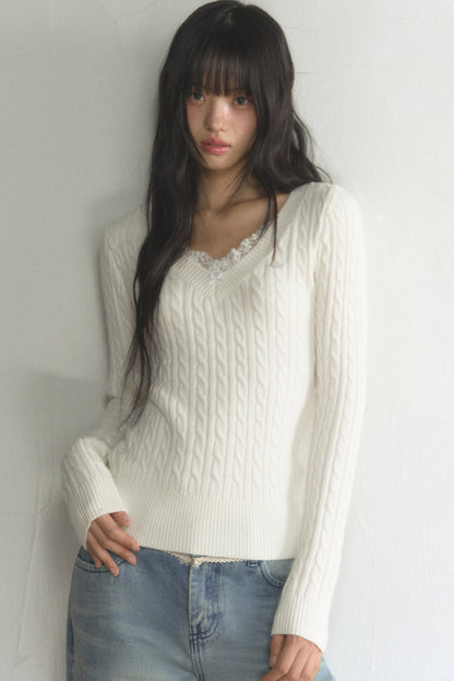 Lace Trim V-Neck Knit Top and Pants Set-Up