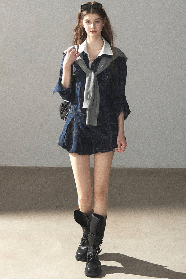 Plaid Layered-Look Shirt And Shorts Set-Up