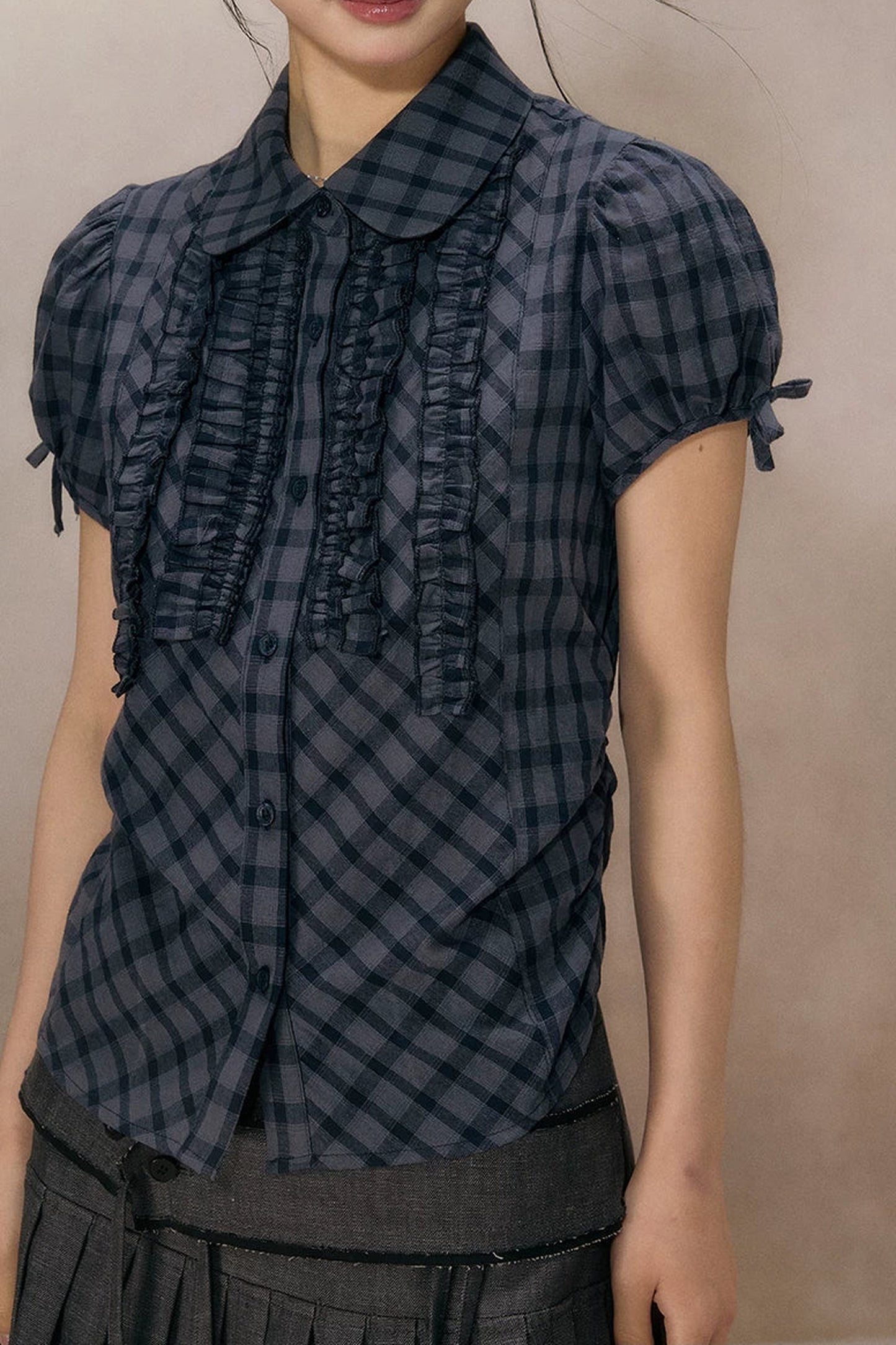 Navy Plaid Ruffled Short Sleeve Shirt