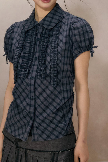 Navy Plaid Ruffled Short Sleeve Shirt