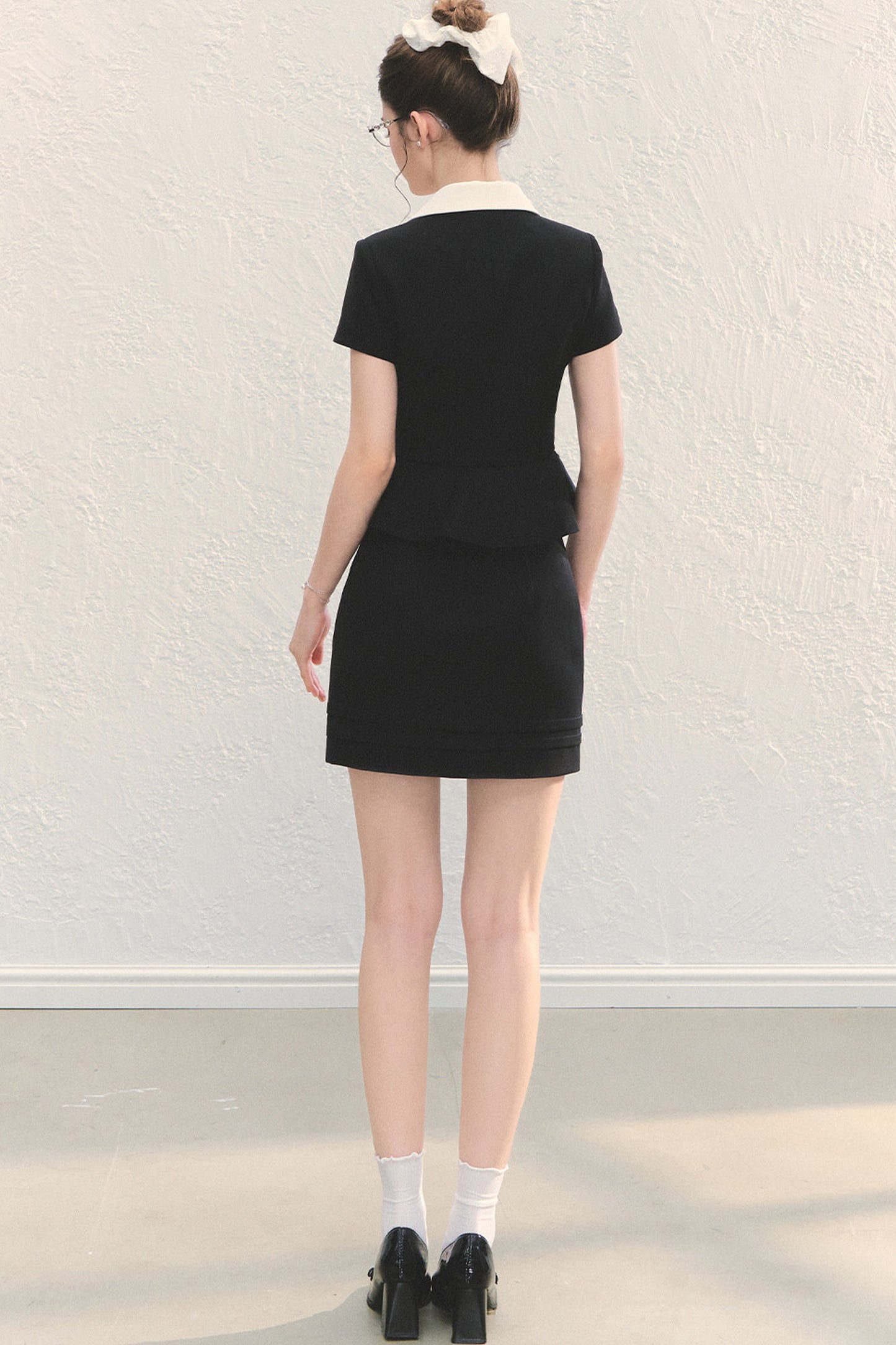 Black Short-Sleeved Shirt and A-Line Skirt Set-Up