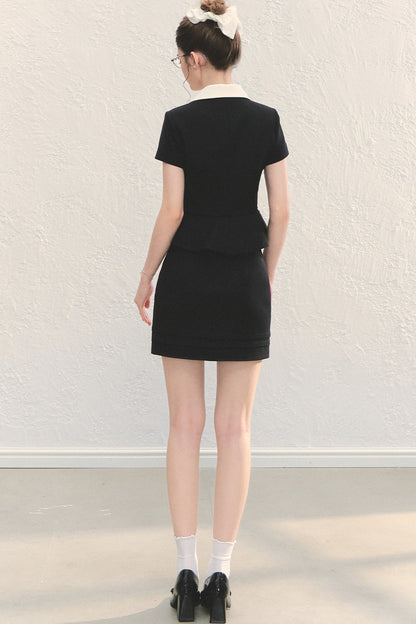 Black Short-Sleeved Shirt and A-Line Skirt Set-Up