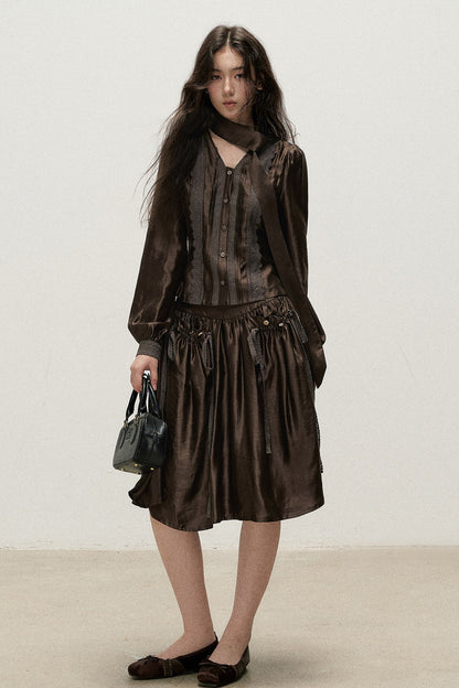 Lyocell V-Neck Shirt and Skirt Set-Up