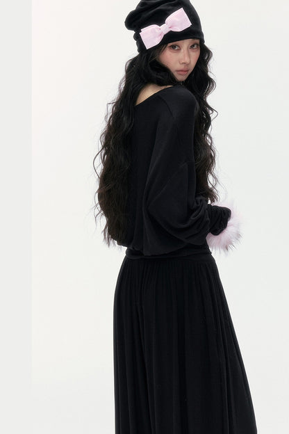 Detachable Halter Batwing U-Neck Knit Top Set-Up