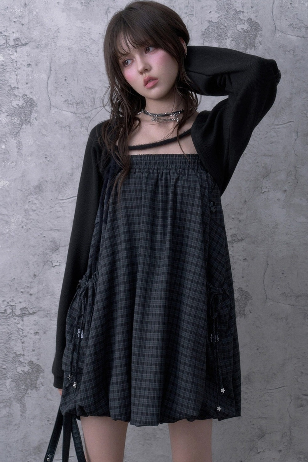 Black Gray Plaid Mid-Length Skirt Set-Up