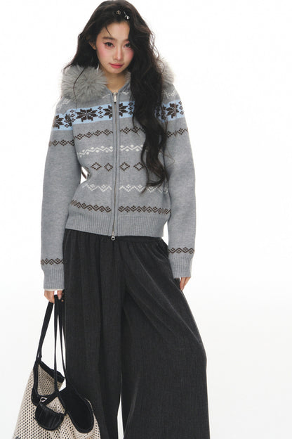 Fair Isle Jacquard Fur Collar Cardigan Set-Up