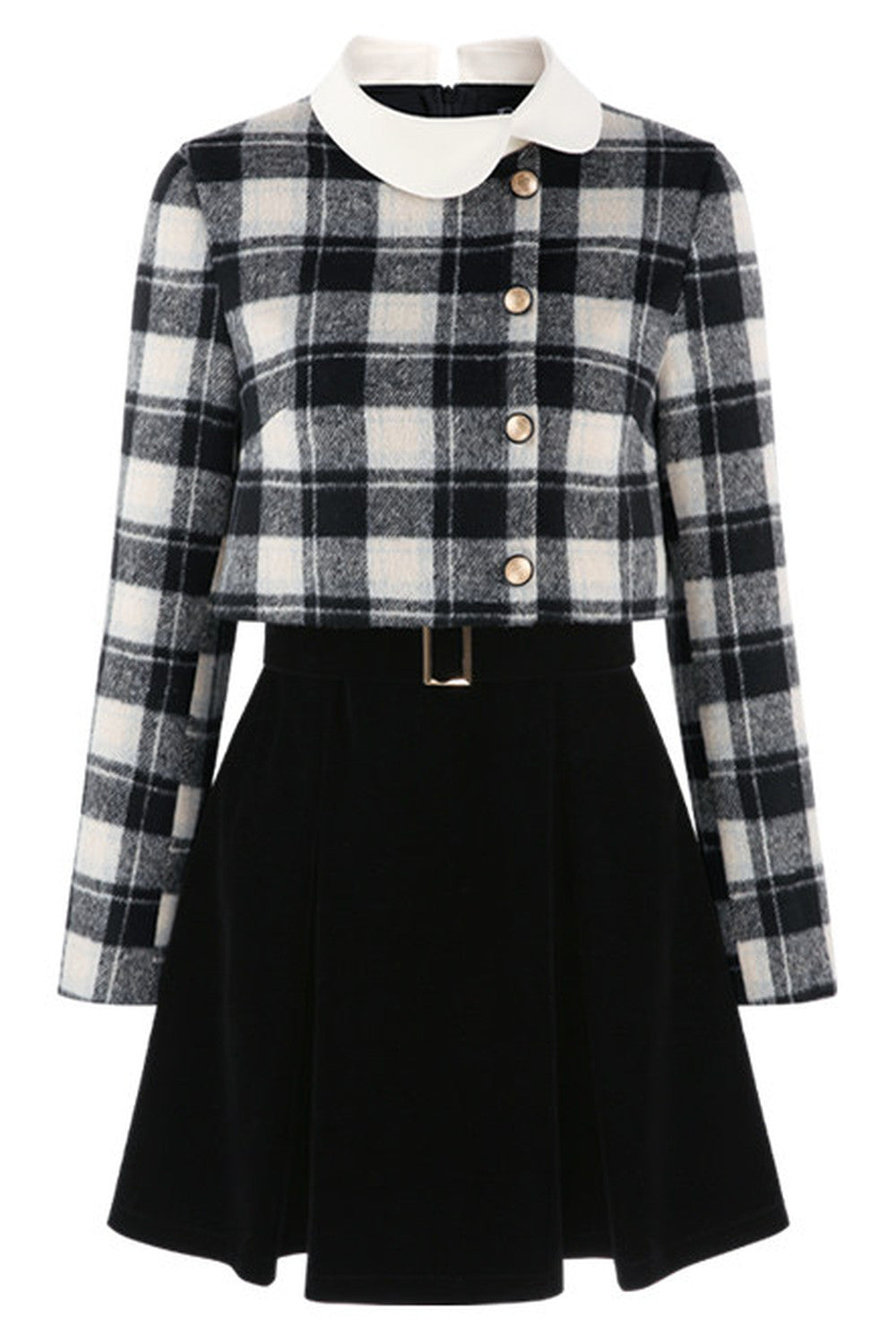Layered-Look Plaid Velvet A-Line Dress