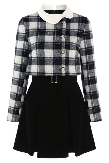 Layered-Look Plaid Velvet A-Line Dress