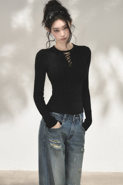 High-Stretch Lace-Up Knit Top