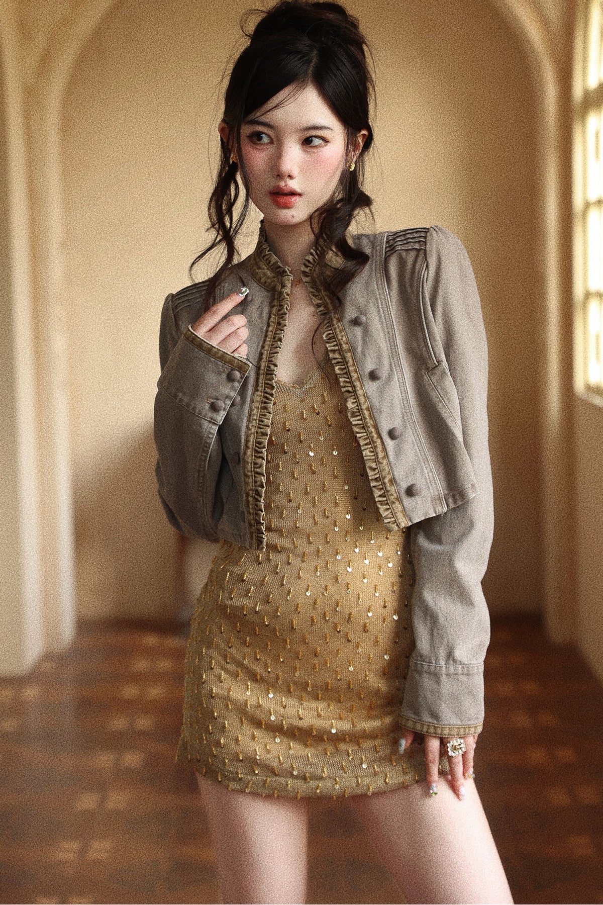 Vintage Patchwork Ruffled Placket Short Jacket