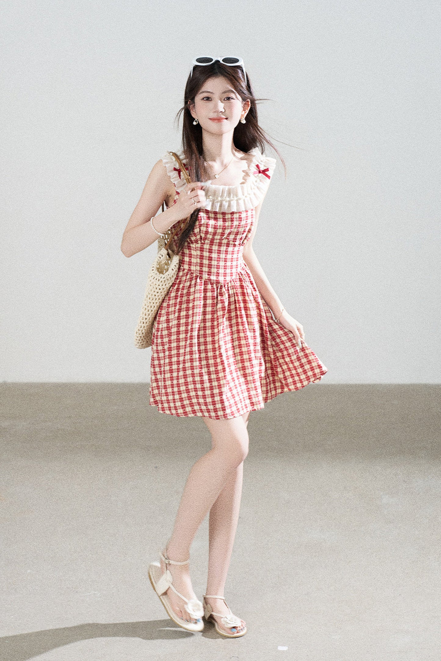 Red Plaid Sleeveless Ruffle Dress