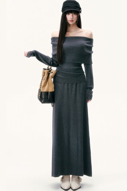 Completo con top in maglia di lana monospalla e gonna lunga