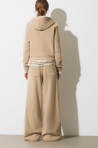 Oatmeal Fleece Hooded Sweatshirt Jacket and Wide-Leg Pants Set-Up