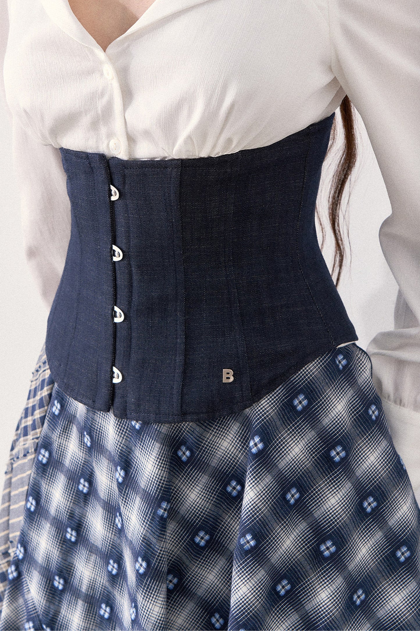 White Shirt and Denim Waistband Asymmetrical Plaid Skirt Set-Up
