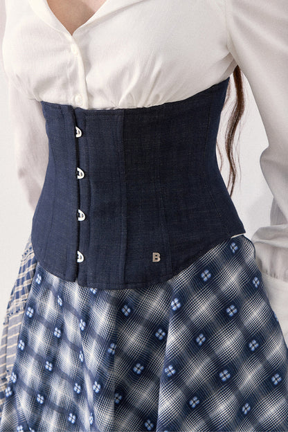 White Shirt and Denim Waistband Asymmetrical Plaid Skirt Set-Up