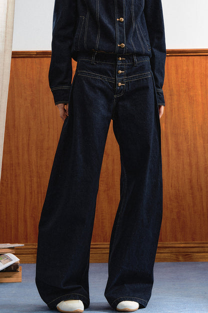 Round-Neck Gold Button Denim Jacket and Pants Set-Up