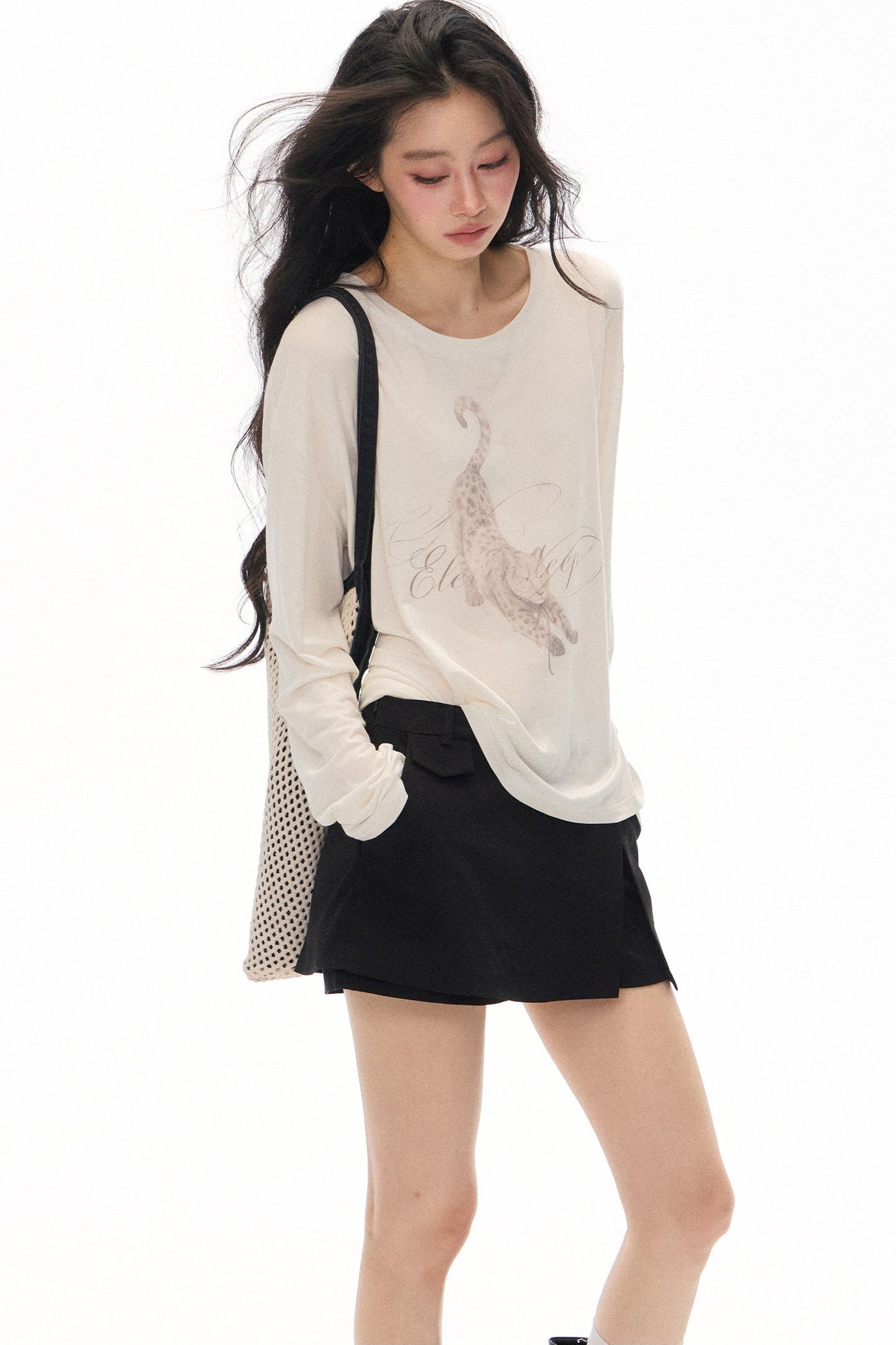 Lazy Leopard Print Lyocell Top and Black Pants Set-Up