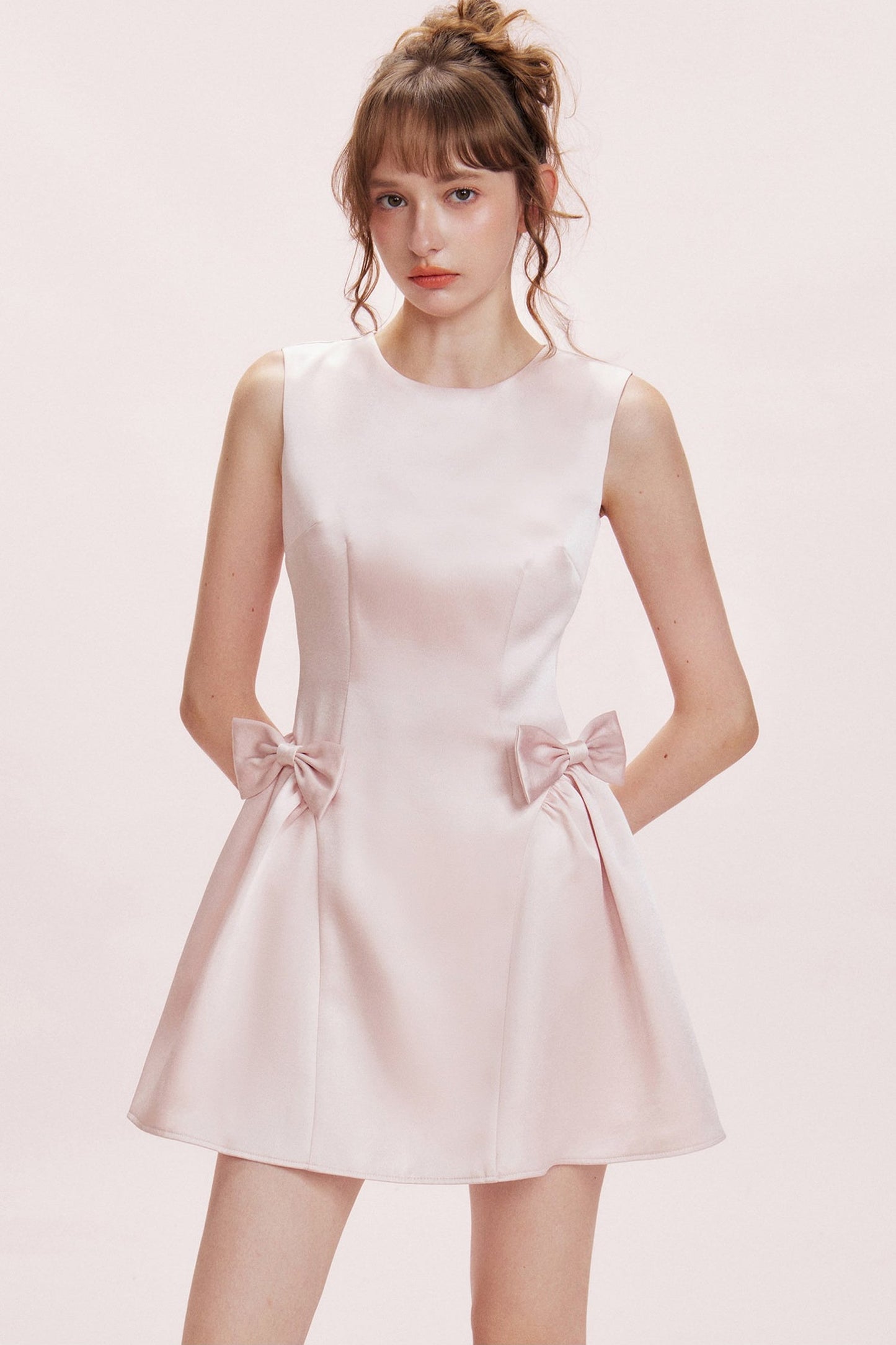 Double Bow Satin Vest Dress and Cardigan Set-Up