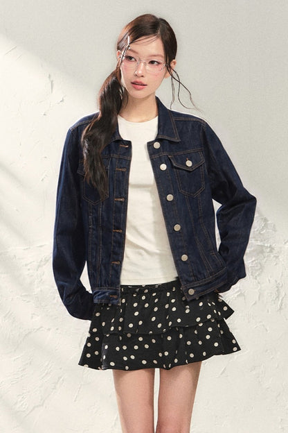White Denim Jacket and Black Polka Skirt Set-Up