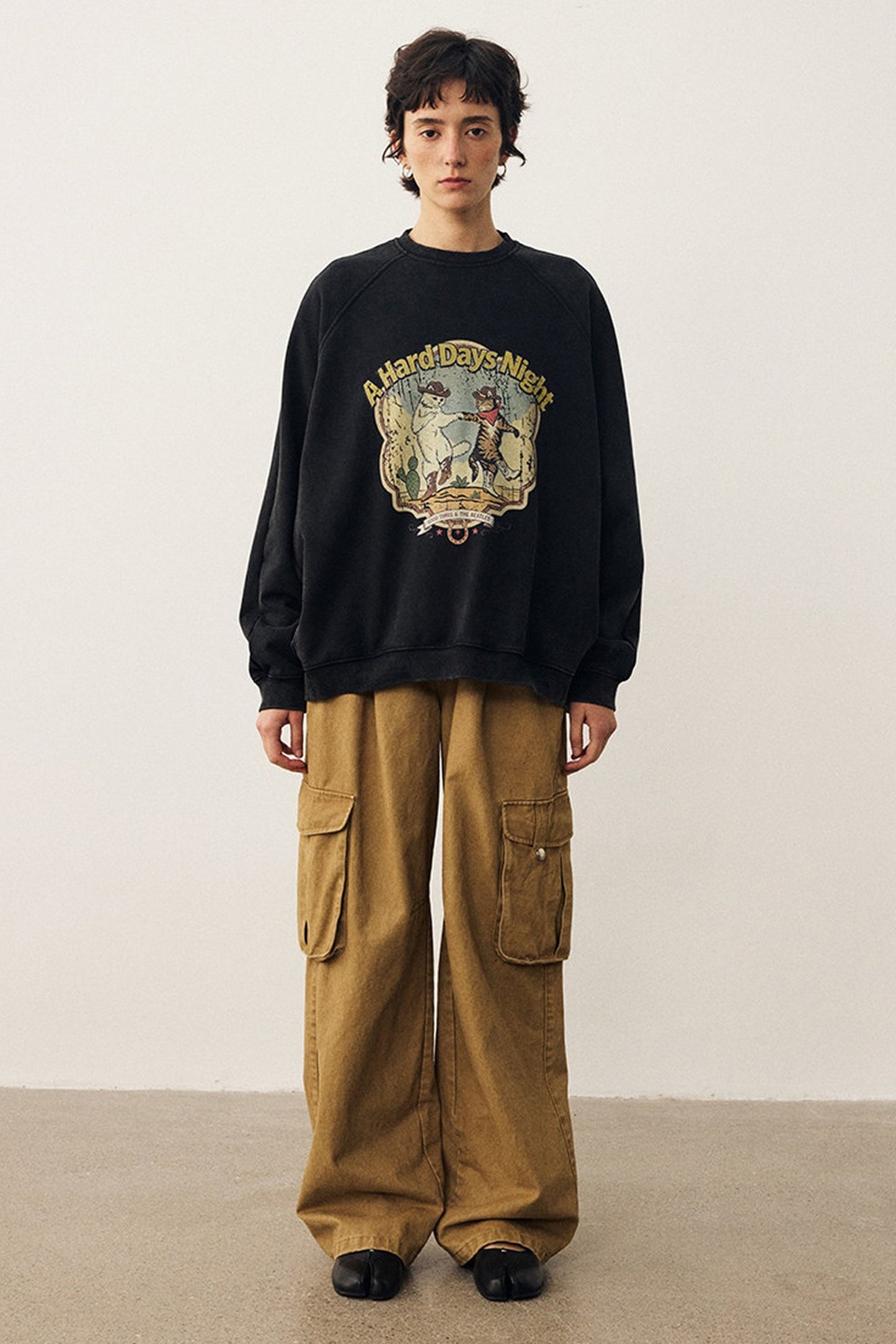 Washed Cat Print Sweatshirt and Pants Set
