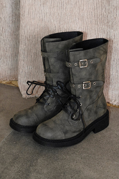 Thick-Soled Lace-Up Buckle Riding Boots