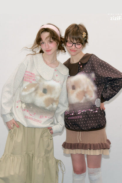 Polka Dot Rabbit Print Doll Collar Sweatshirt