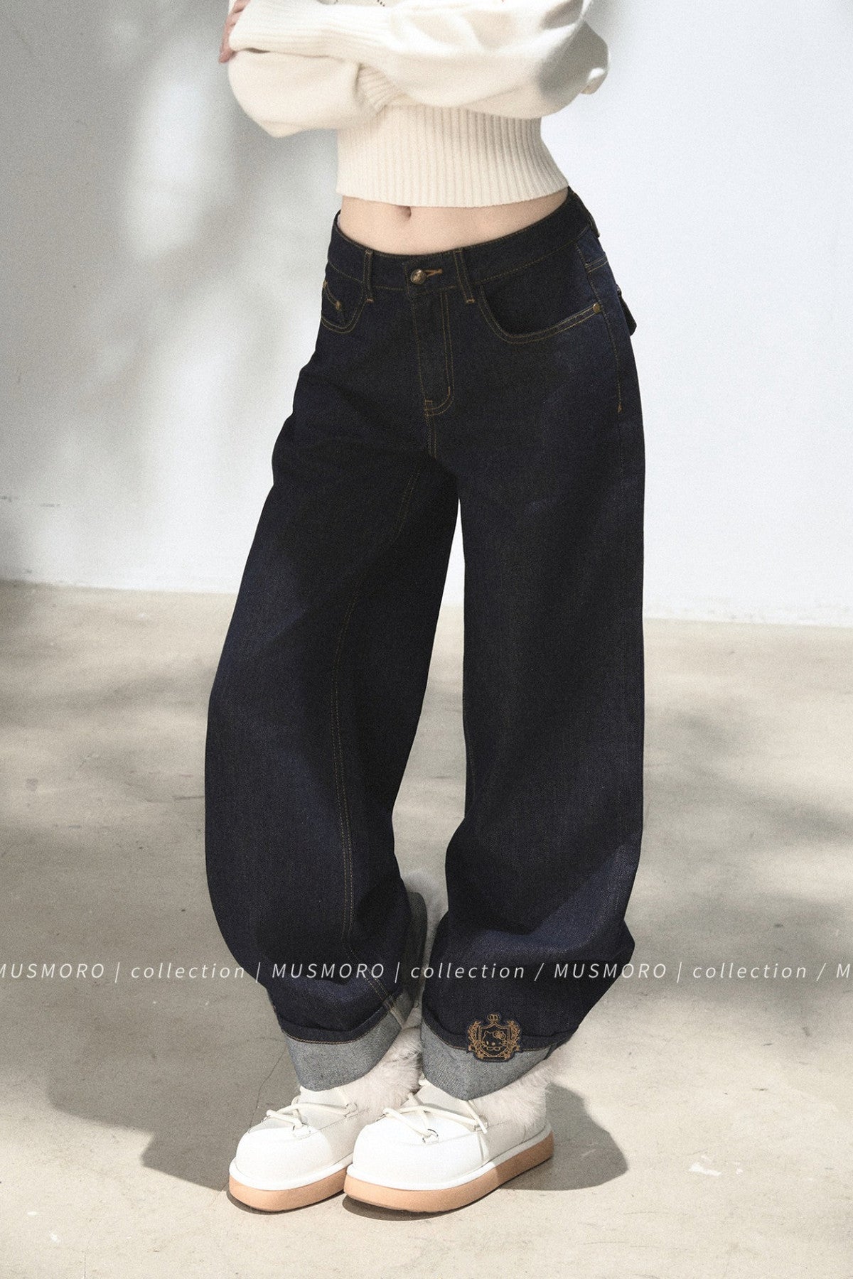 Embroidered Cat Raw Denim Jeans