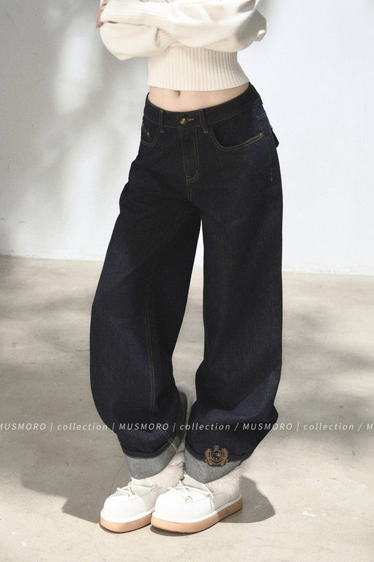 Embroidered Cat Raw Denim Jeans