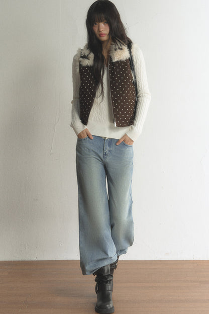 Retro Polka Dot Fur Collar Vest and Pants Set-Up