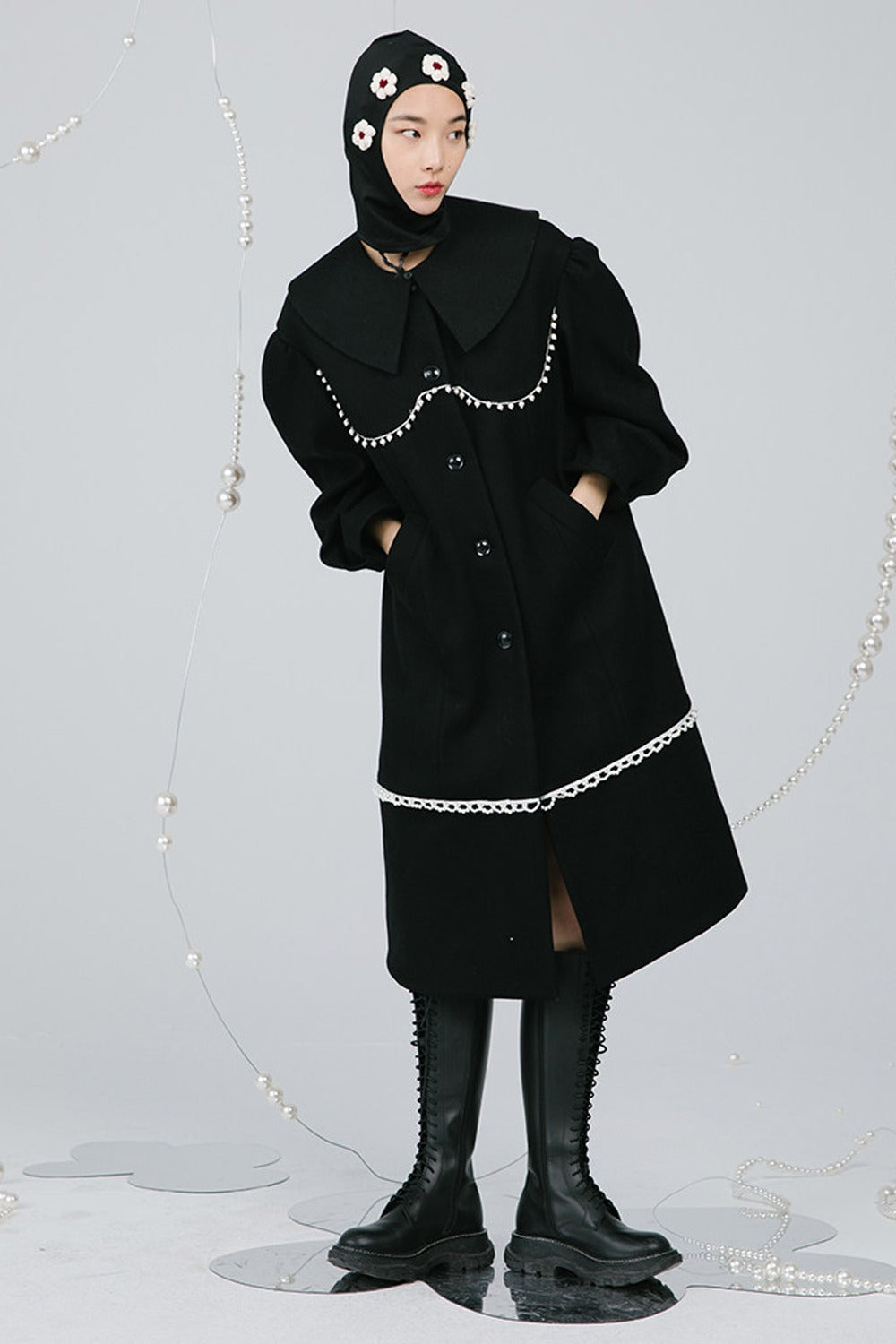 Black Pearl Lace Wool Coat