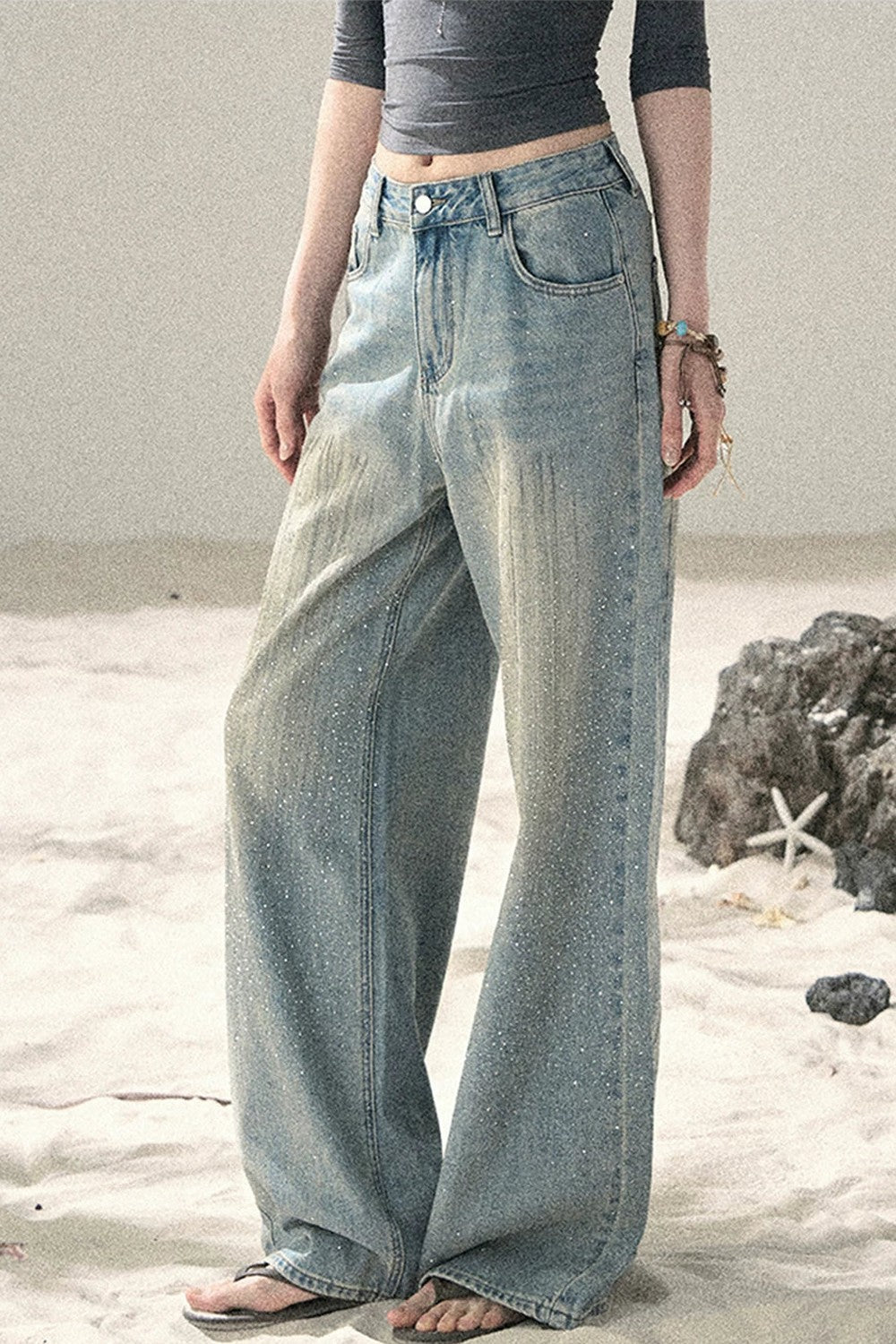 American-Style Rhinestone Wide-Leg Jeans