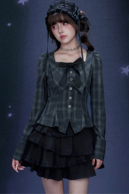 Blue Black Plaid Square Neck Shirt