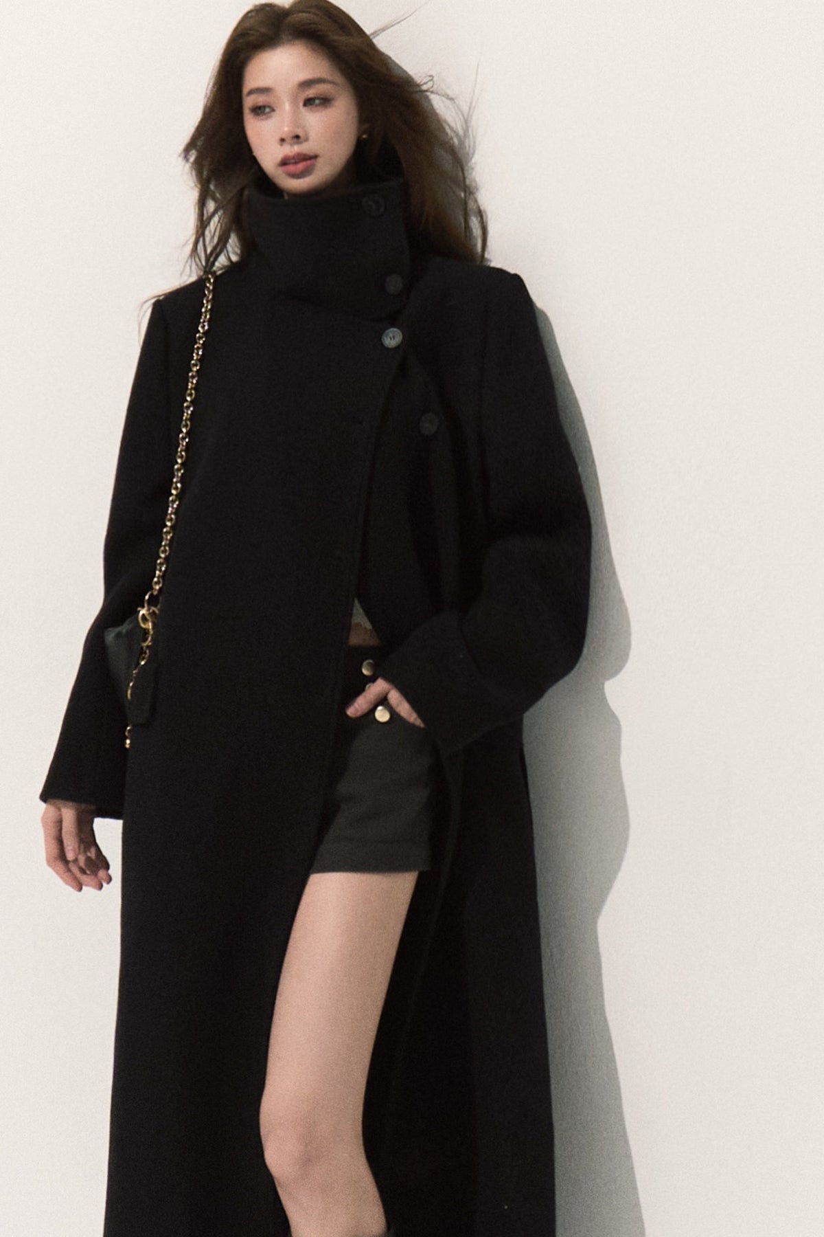 Manteau long en laine à col cheminée