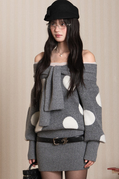 One-Shoulder Lace Knot Sweater Dress