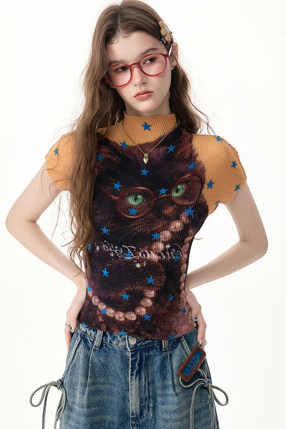 Yellow Star Cat Print Short Sleeve Top