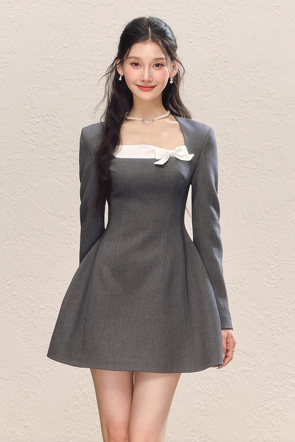 Gray Long Sleeve Square Neck Bow Bubble Dress