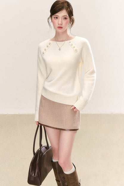 Diagonal Button Round Neck Knit Sweater