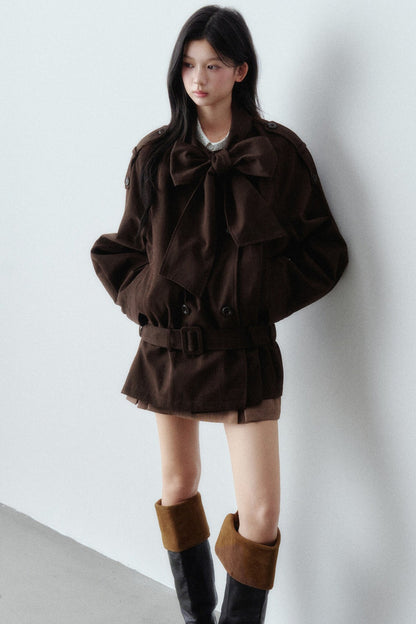 Bow Tie Low-Waist Cotton Trench Coat