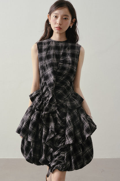 Plaid Ruffle Flower Bud Dress