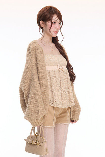 Chunky Knit Cardigan With Lace Top and Pants Set-Up
