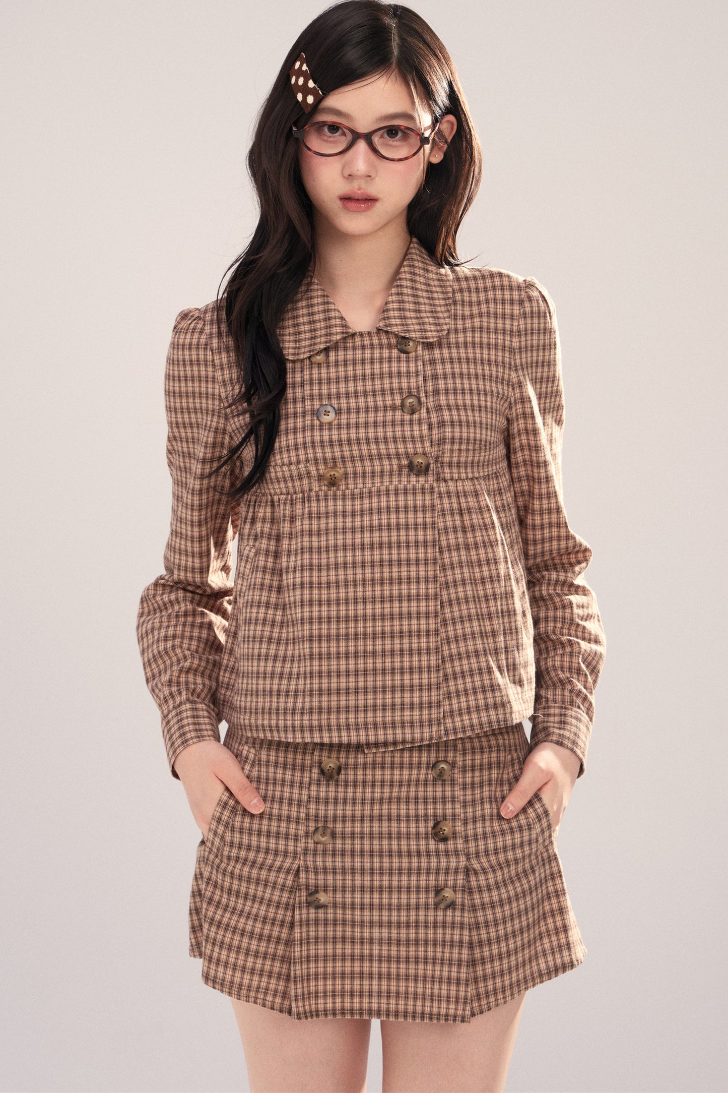 Long-Sleeved Plaid Shirt and Skirt Set-Up