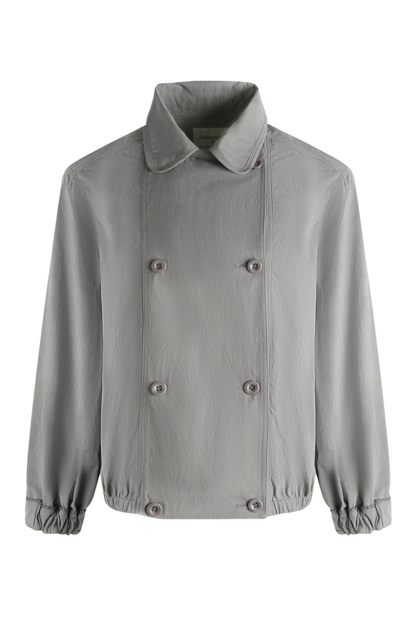 Retro Double-Breasted Workwear Jacket and Skirt Set-Up