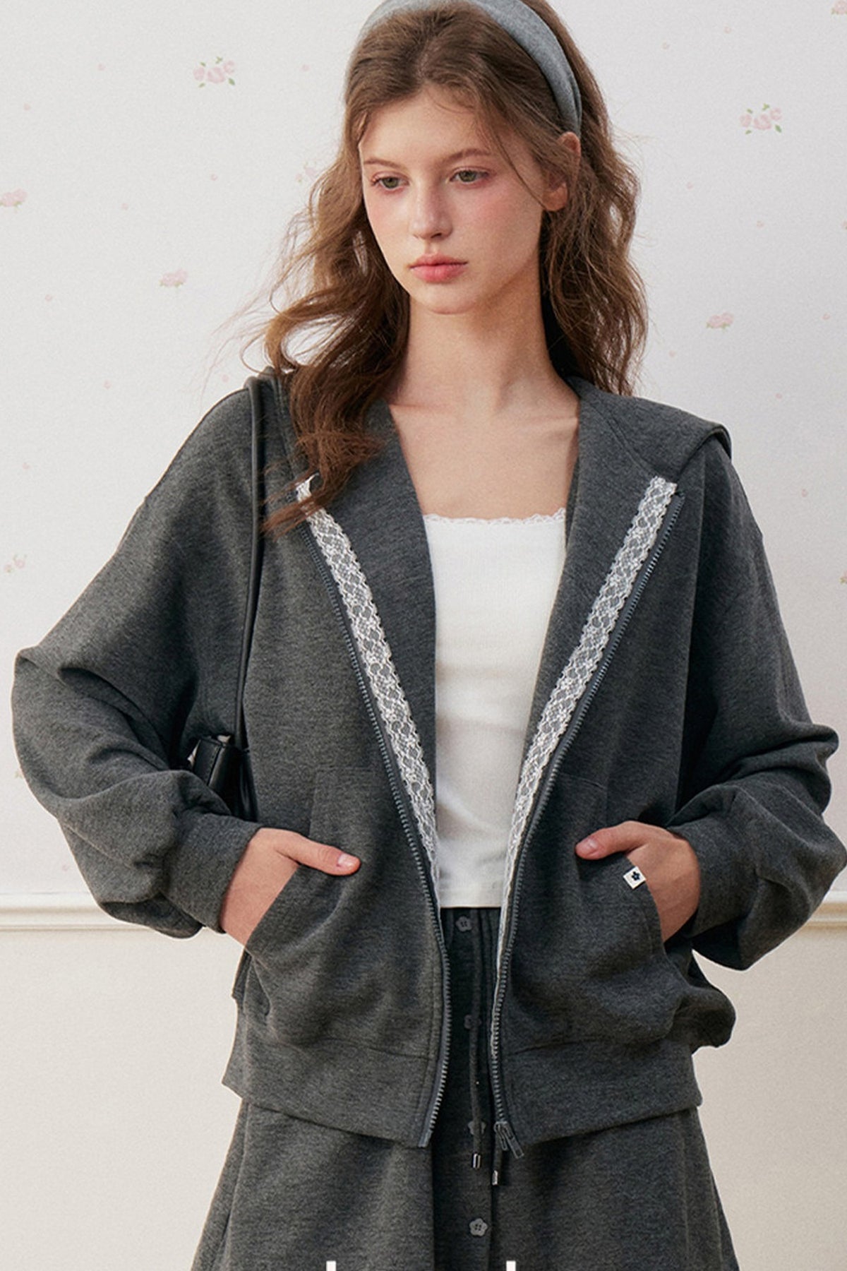 Lace Trim Hoodie And A-Line Skirt Set-Up